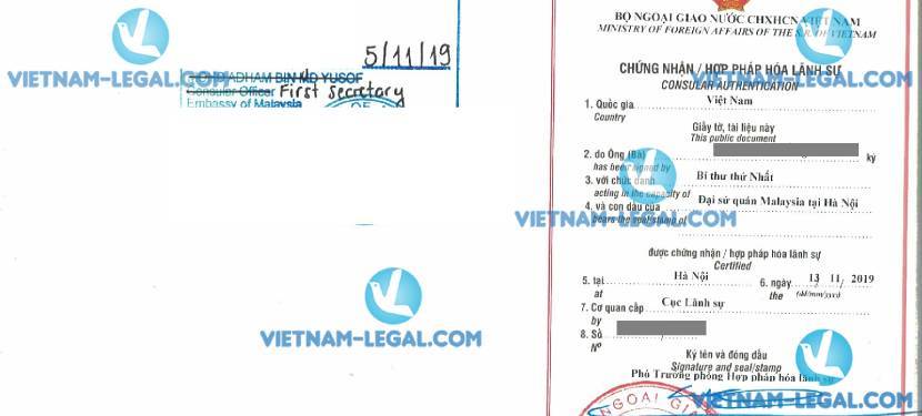 Kết quả hợp pháp hóa lãnh sự Điều lệ công ty từ Malaysia sử dụng tại Việt Nam ngày 13 tháng 11 năm 2019