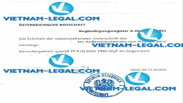 Legalization result of Criminal Record Check issued in Vietnam for use in Austria on 15 10 2021