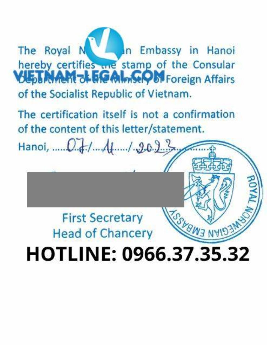 Kết quả hợp pháp hóa trích lục kết hôn cấp tại Việt Nam sử dụng tại Na Uy ngày 7 11 2023